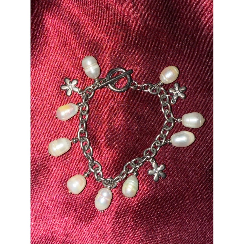 Silver Tone Freshwater Pearl Flower Charm Bracelet Toggle Clasp Cottagecore Boho